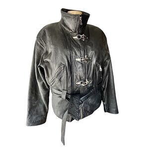 M.G.R 90s Black Leather Moto Jacket with Silver Hardware and removable belt L